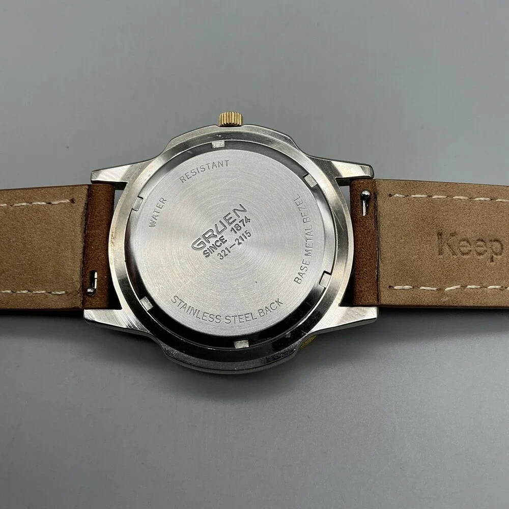 Gruen 321-2175 Mens Watch 40mm Gold Bezel Brown Leather Date New Battery